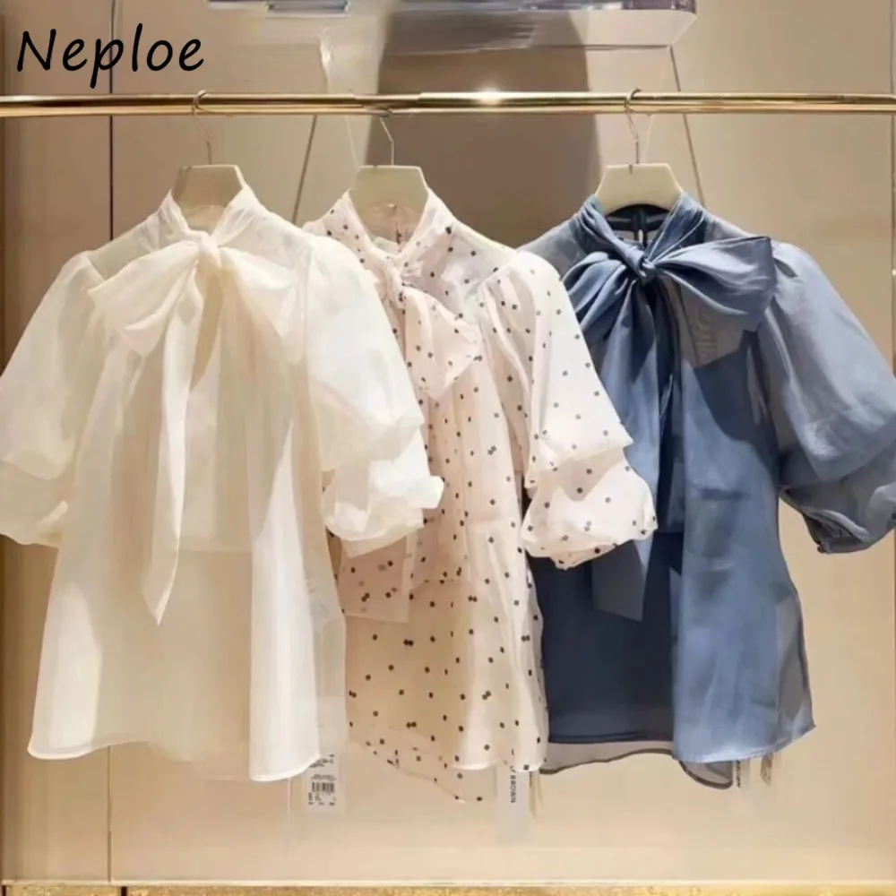 Neploe Sweet Stand Collar Puff Sleeve Elegant Crop Top Lace Up Bow Casual Chiffon Shirt Japan New Moda Polka Dot Fresh Blouses