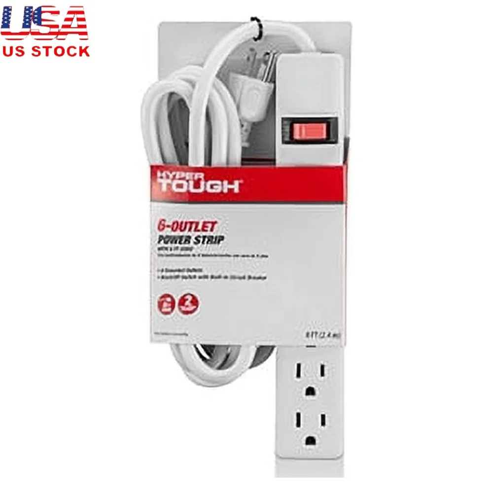 

Indoor 6-Outlet Power Strip 8ft Cord Flat Plug 15A 125V Safety Extension Home Office Electronics Devices