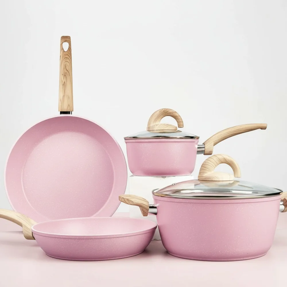 

Pink Ceramic Cookware Set Non Stick Granite Pattern Induction Safe Pots Pans Kitchen Cooking