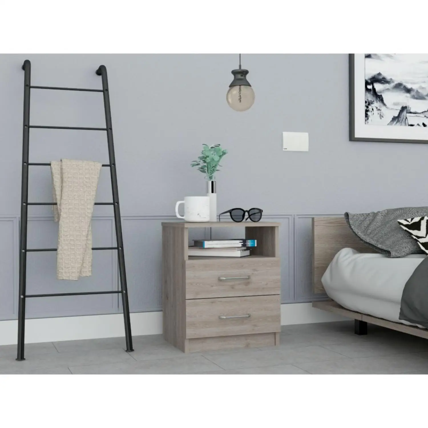 

Napoles Nightstand, Superior Top, Two Drawers, One Shelf Light Gray