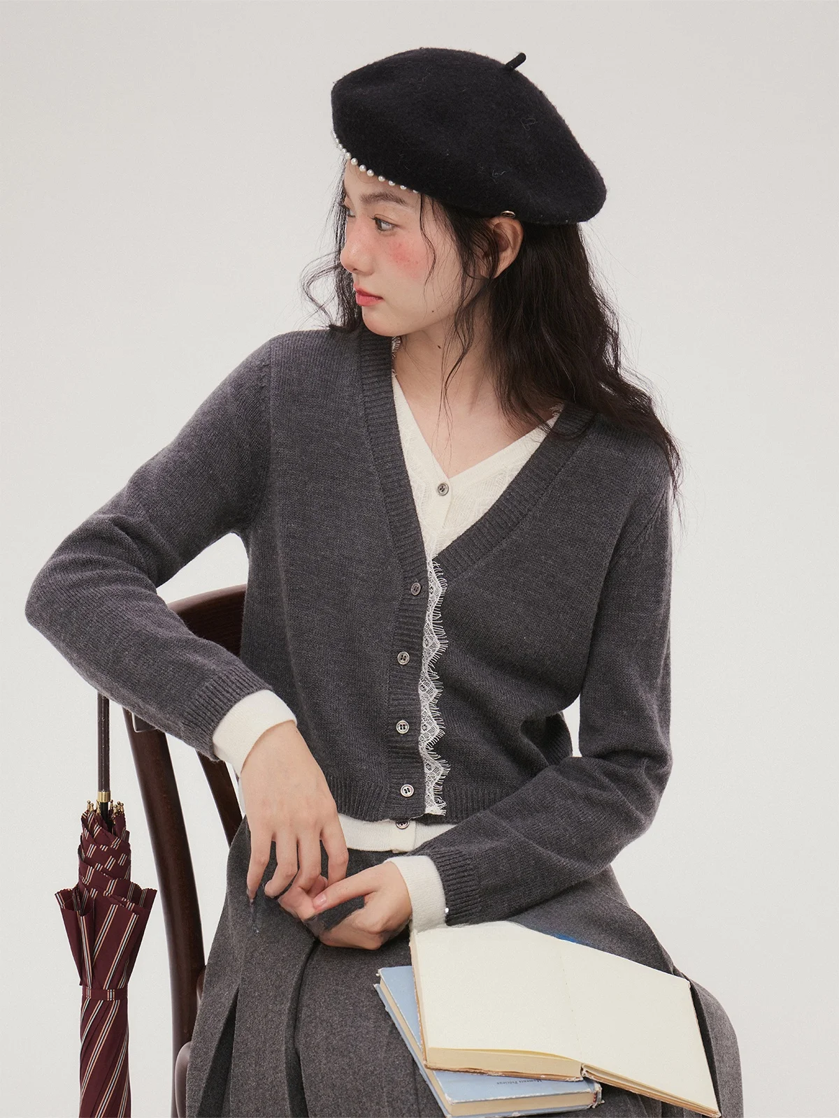 

Warm Faux Two-Piece Loose Knitted Sweater with Lace V-Ne Lightweight Wool Yarn Skin-friendly Casual Sle Autumn Faion