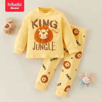 Hibobi 100% 코튼 겨울 라운드 넥 따뜻한 가정 의류 세트, 사자 패턴 잠옷 및 잠옷 바지 세트, 1-5 세 