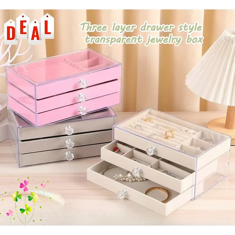 Three Layer Drawer Style Transparent Jewelry Box, Large Capacity Anti Oxidation Earring Necklace Jewelry Storage Box
