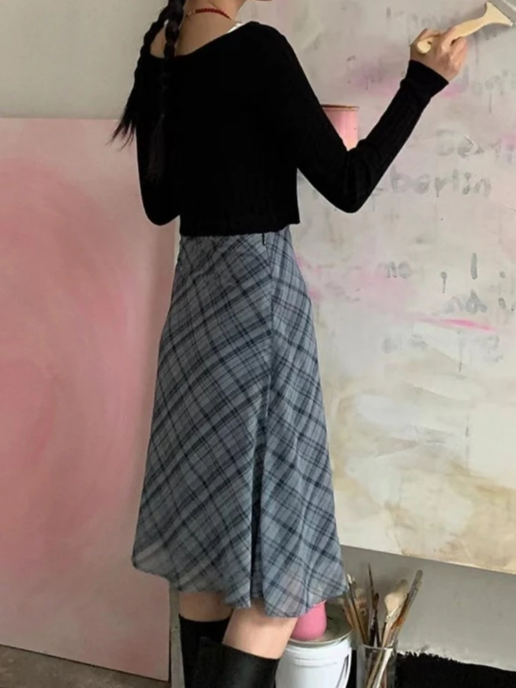 

Юбка трапециевидной формы в клетку в стиле ретро, женская корейская утягивающая юбка-миди с высокой талией, модная молодежная юбка средней длины