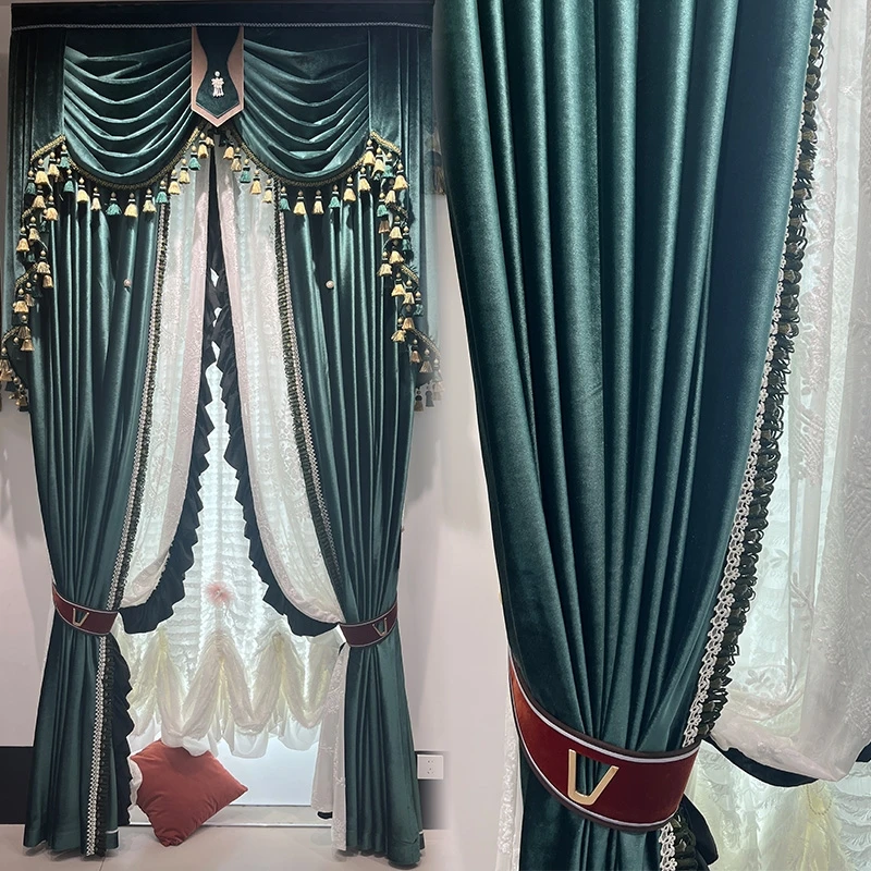 

Custom luxury dark green flannelette living room bedroom European velvet cloth blackout curtain tulle valance drape C2119