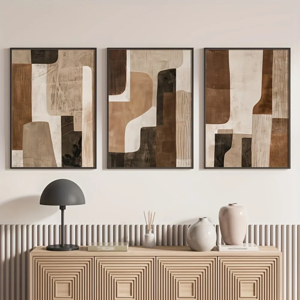 3pcs Frameless Brown and Beige Neutral Abstract Wall Prints,Abstract Art Canvas Posters,Bohemian Modern Wall Decor,Spring Decor
