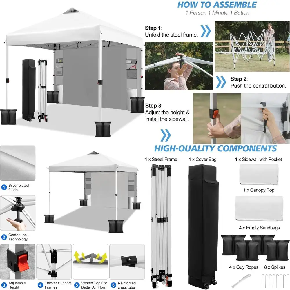 

Instant Pop-Up Canopy Tent with One-Button Setup, 10x10 Size, Includes Sidewall and Six Pockets, Adjustable Height for Outdoor E