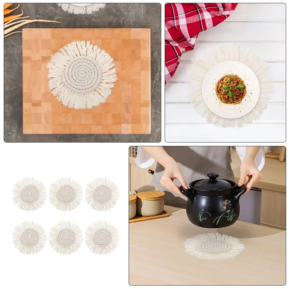 

6Pcs Cotton Placemats Set Round Tassel Table Coasters Heat Resistant Cup Insulation Pads for Desk Coaster for Desk