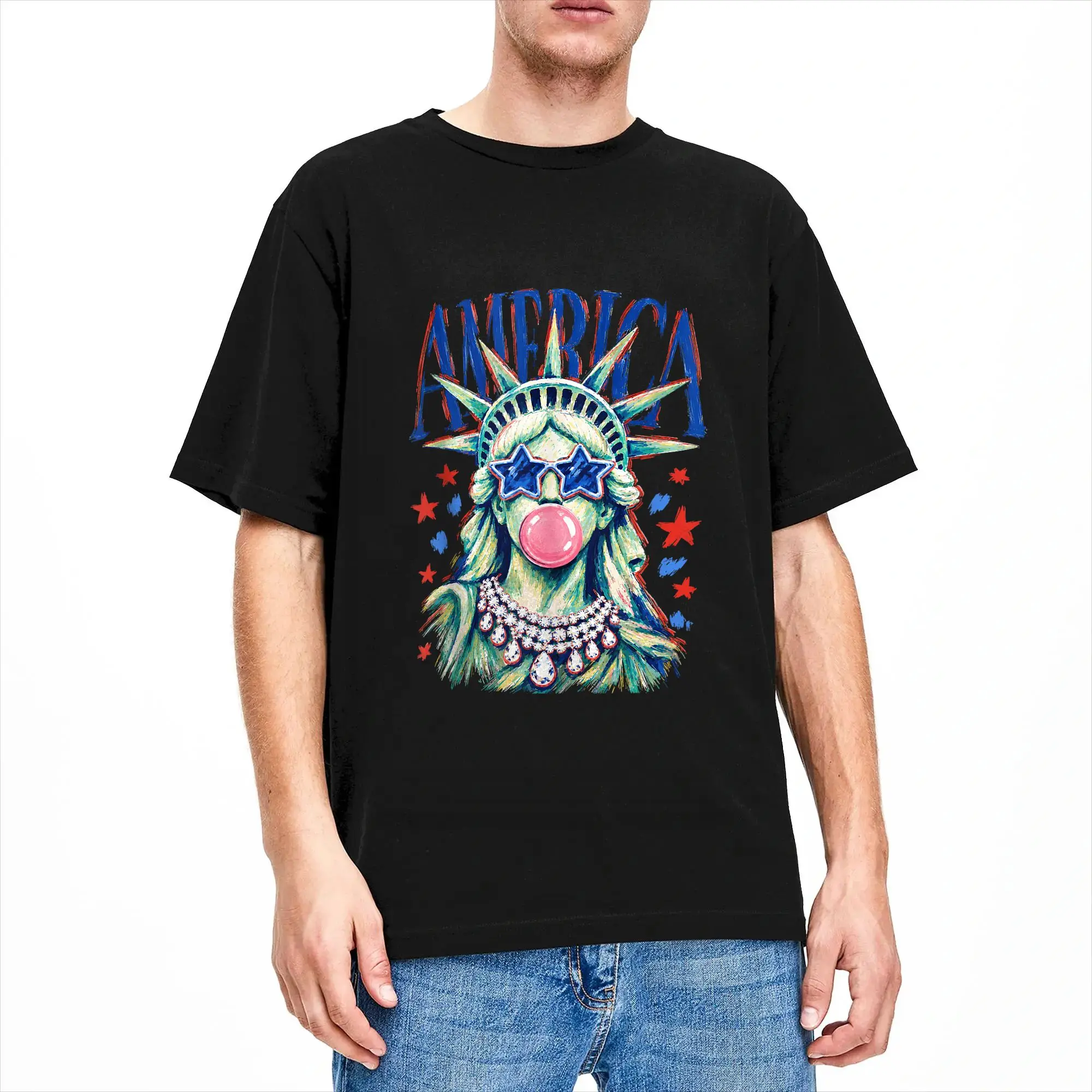Casual T Shirt Summer Brushstroke Statue of Liberty Blowing Bubble Gum 4th of July T-Shirts Cotton Tshirt for Men Print Top Tees