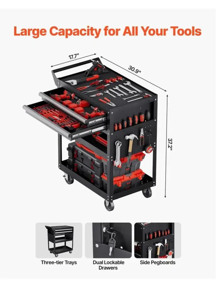 Werkzeugwagen 785x450x945 mm, 181 kg Tragkraft, Werkstattwagen mit 2 Schubladen, Aufbewahrungsorganizer für Mechanikerwerkzeuge, für Garage, Lager & Reparaturwerkstatt, schwarz