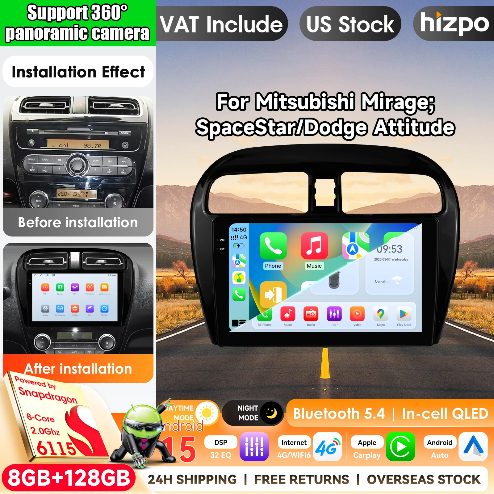 Hizpo 9 inch Wireless CarPlay Android Auto Car Radio For MITSUBISHI Mirage Spacestar Attrage 2012 -2018 Dodge Attitude Multimedia Wireless Apple CarPlay Smart Intelligent Systems IPS Touch Screen Stereo Video Player 2 Din Autoradio Head Unit Navigation BT
