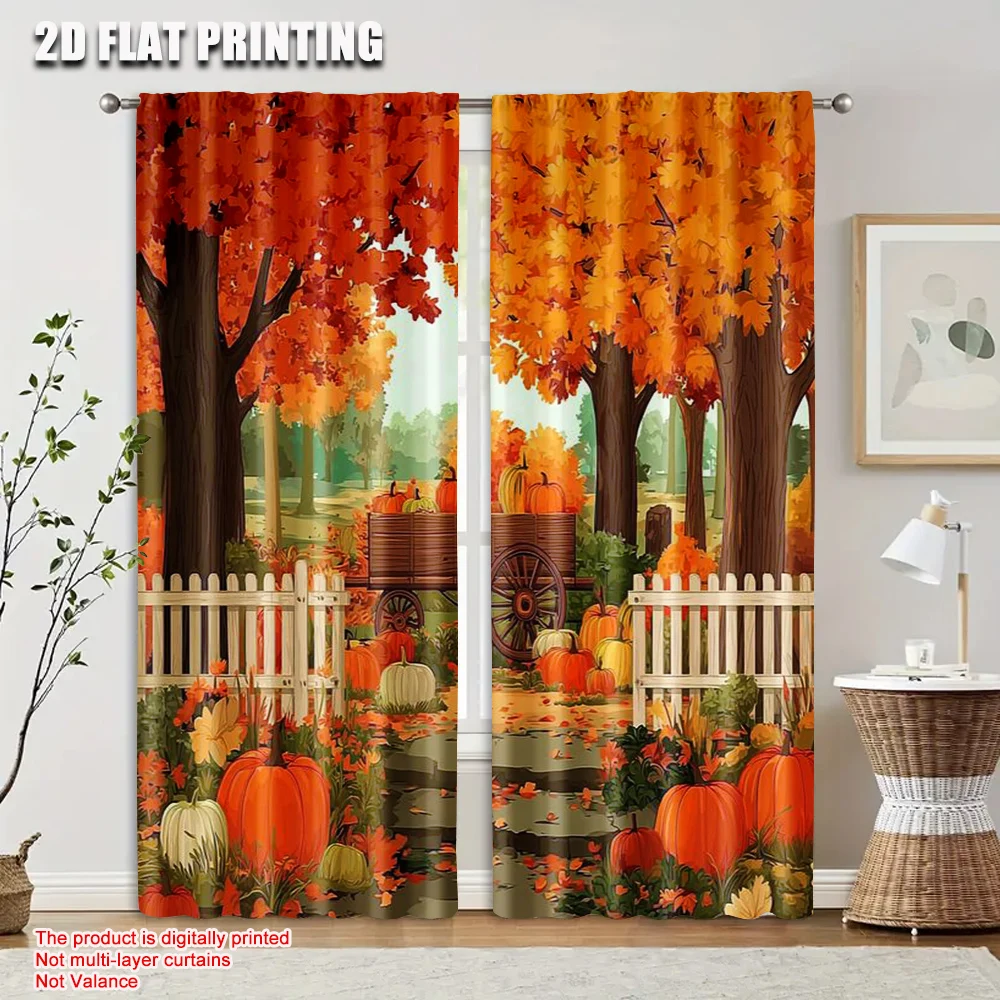 2pcs 2D flat printing Drapes Fall Autumn Harvest Maple Leaf Pumpkin Autumn Scene Pumpkins Wagon Fabric Without Electricity