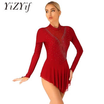 Vestido de patinaje sobre hielo para mujer, vestido de leotardo de gimnasia y Ballet, traje de baile de competición de escenario de malla de manga larga con diamantes de imitación