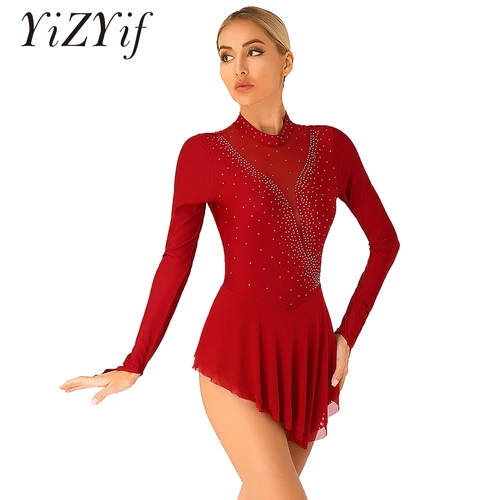 Vestido de patinaje sobre hielo para mujer, vestido de leotardo de gimnasia y Ballet, traje de baile de competición de escenario de malla de manga larga con diamantes de imitación