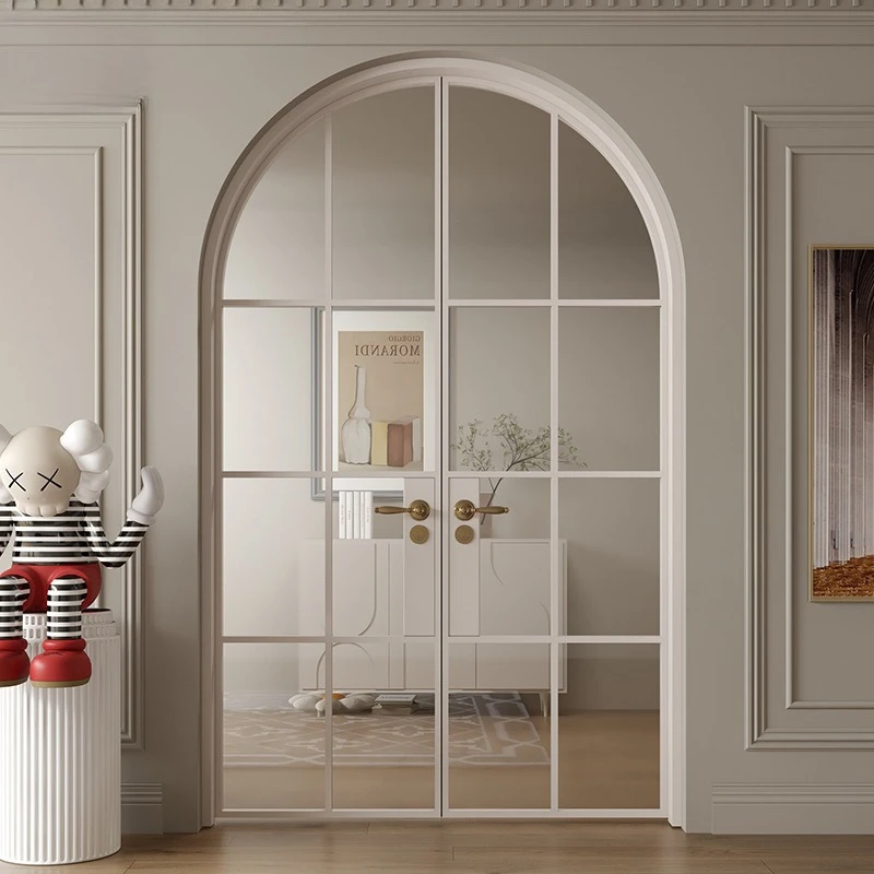 French retro aluminum kitchen opposite door, arc arched shop door