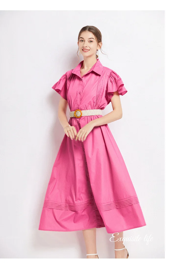 2025 French Retro Hollow Lace Patchwork Strap Slim Waist Short Sleeved Shirt Dress for Women Elegant A-line Long Vestido