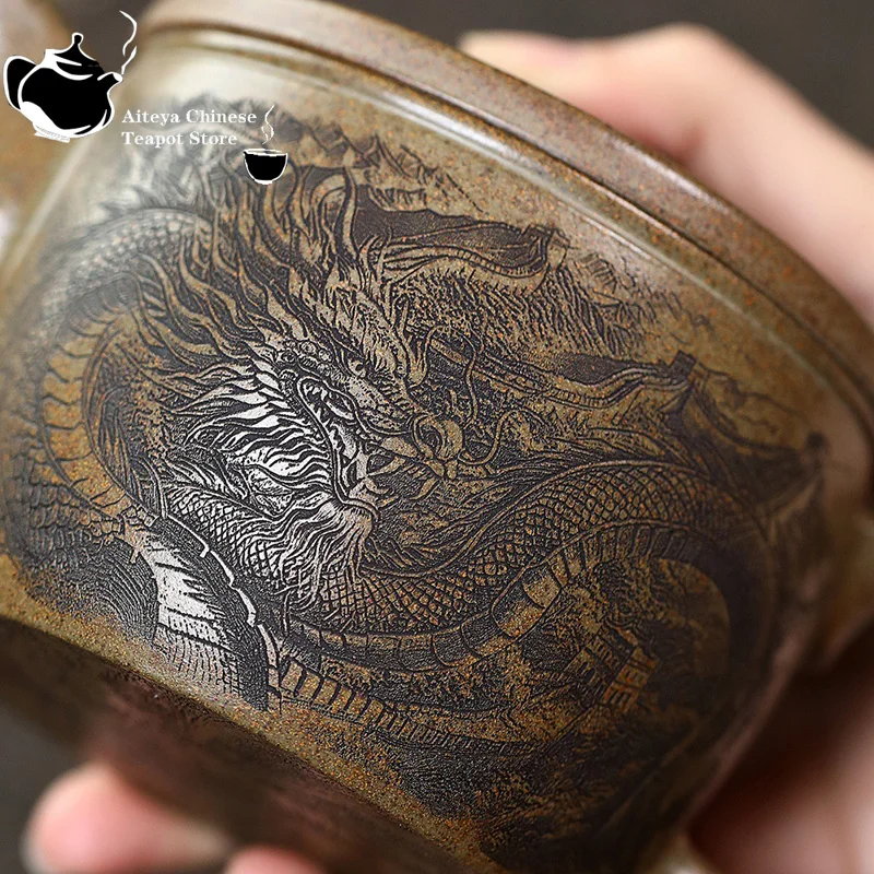 Yixing handmade purple clay teapot, original ore, agarwood mud, high-temperature wood burning, fully carved Hanwa tea set teapot