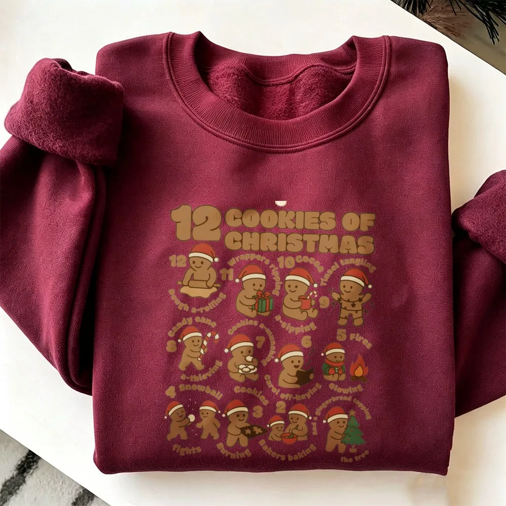 12 Cookies of Christmas Gingerbread Man Santa Hat Cute Xmas Cookie Countdown Graphic Pullover Casual Christmas Holiday Party Top