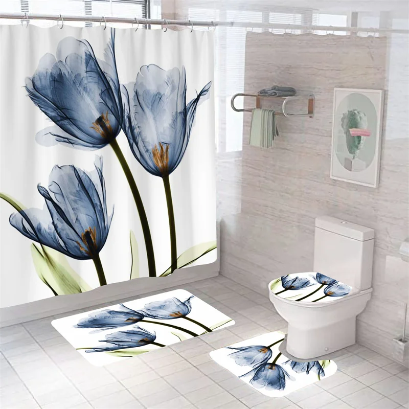 Flowers Print Shower Curtain Nordic Bath Curtain Waterproof Anti-slip Plants Bath Mat Set Bathroom Decorative Carpet Toilet Rugs