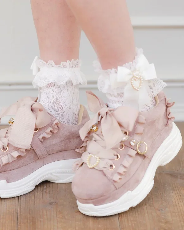 Kawaii Girls All-matching Long Socking Handmade Sweet Lolita Bow Pearl Heart Pendant Lace Mid-Calf Crew Socks Japanese Stocking
