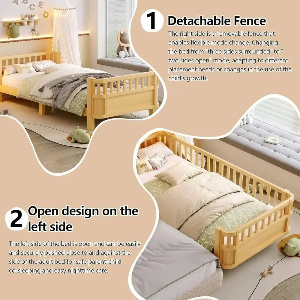 Twin XL Platform Bed with Detachable Footboard, Solid Wood Daybed, Safety Guardrails, Suitable for Kids and Teens, Natural Finis view 4
