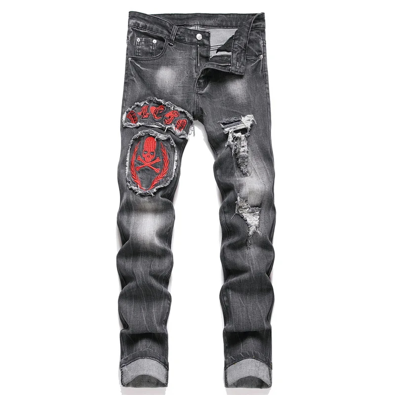 

Stylish Black Punk Style Men's Jeans Applique Embroidered Mid-Waist Slim Denim 2024 Ripped Beggar Hip Hop Casual Pants