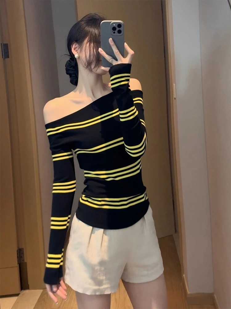 

Slim Fit Striped T-irt Women's Casual Sle oulder Asymmetrical Color Blo Top for Autumn Commute Daily Wear Long Sve