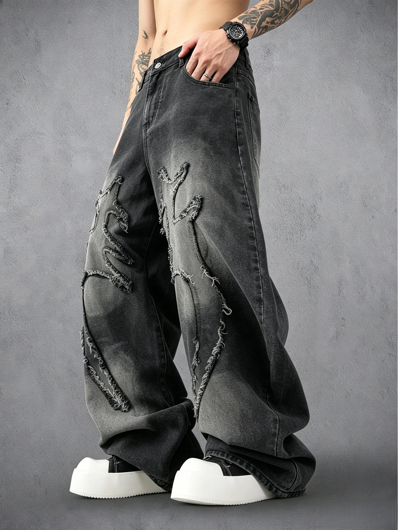 Pale Vintage Wash Y2K Trendy American Street Straight Oversized Denim Trousers Elastic Adjustable Waist Skate City Outfit, Nice