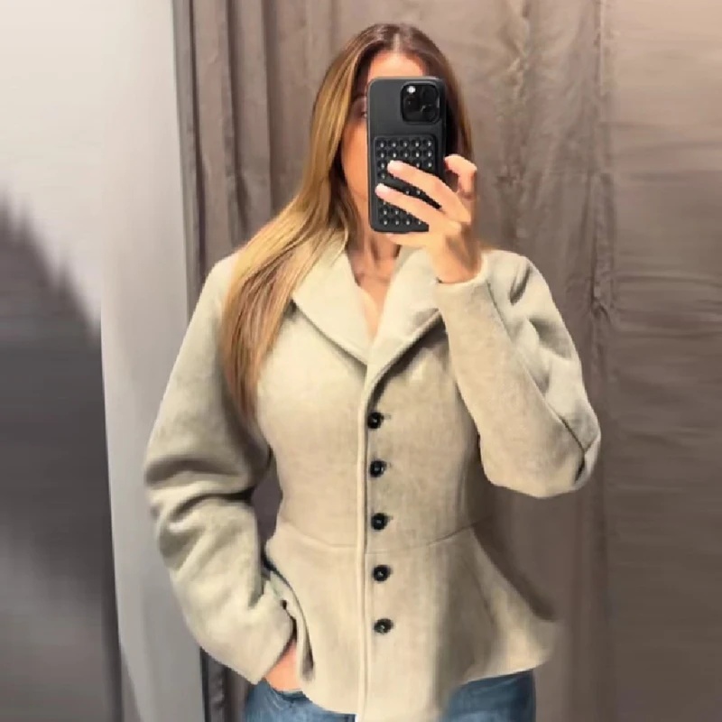 Women Peplum Hem Wool Blend Jacket Herringbone Single Breasted Fitted Waist Short Coat Autumn Elegant Casual Ladies Outerwear