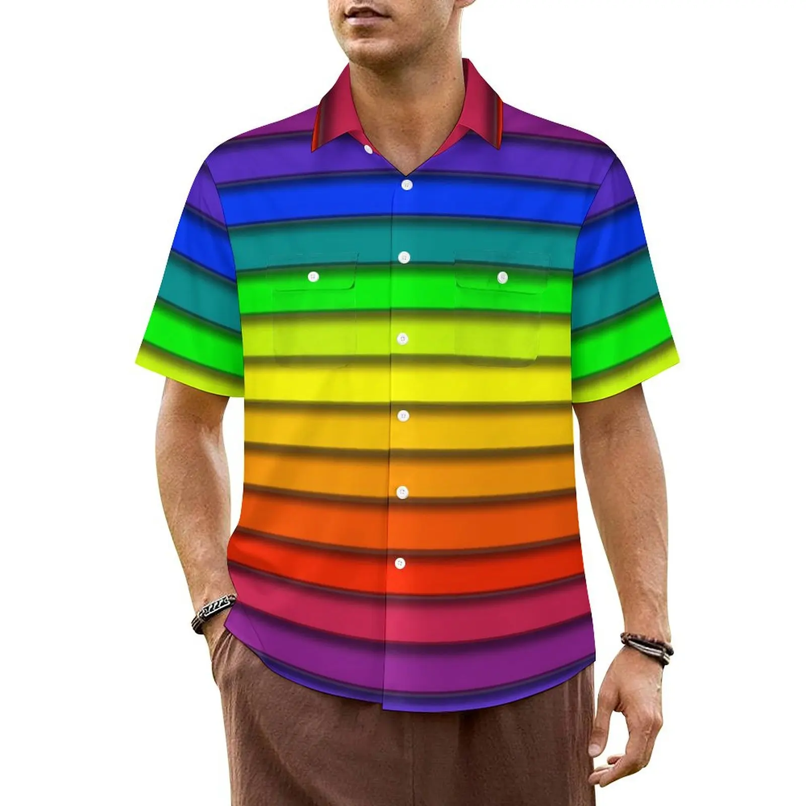 

Rainbow Striped Vacation Shirt Horizontal Lines Hawaii Casual Shirts Man Retro Blouses Short-Sleeved Stylish Graphic Clothing