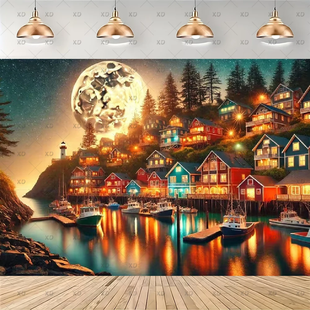 Seaside Town Backdrop Colorful Fishing Port Sailboat Ocean Landscape Photography Banner Travel Photo Studio Background Supplies