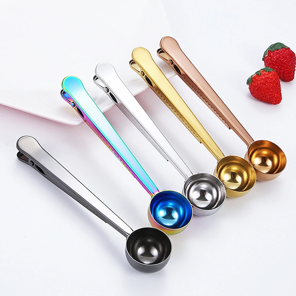 Two-in-one Stainless Steel Coffee Spoon Multi-functional Coffee Bean Measuring Spoon Milk Powder Flour Sealing Clip Spoon