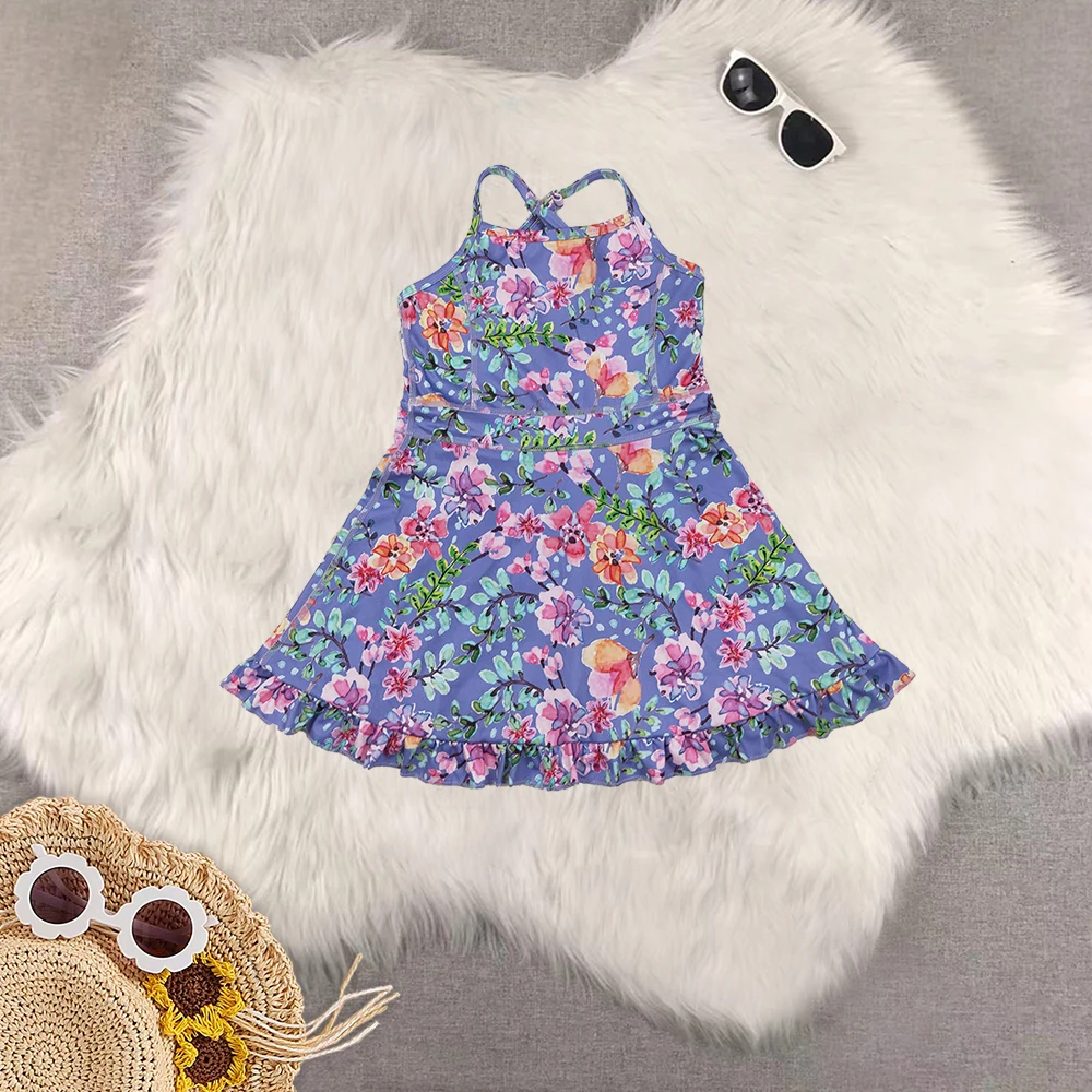 

8.14 Kids children clothing Baby Girls Purple Strap Floral Yoga Ruffle Knee Length Dresses