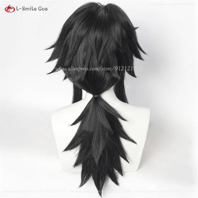 Tomioka Giyuu Anime Cosplay Perruques pour Hommes, Perruque Noire Moelleuse, Cheveux Synthétiques, Bonnet, Degré de Chaleur, 40cm de Long, Halloween