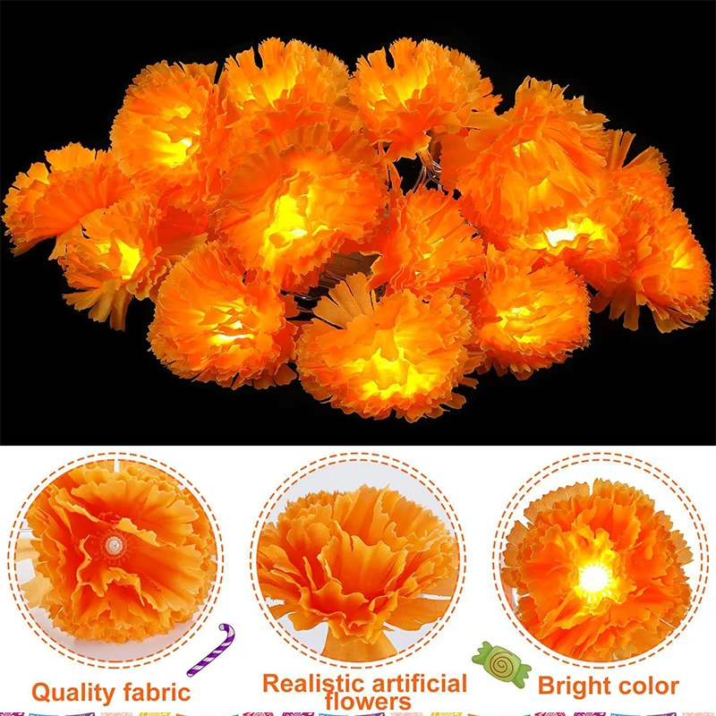 Led  Marigold Artificial Flowers Lights Day Of The Dead Diy Home Outdoor Decor Halloween Diwali Party 1.5m Garland String Lights