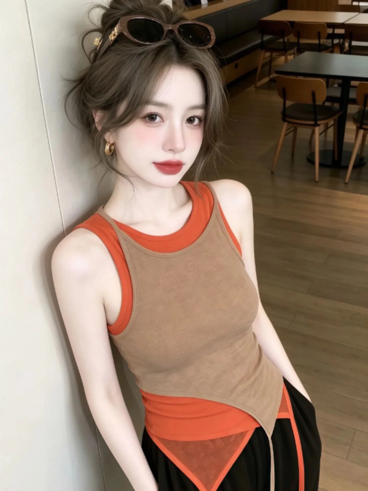 Café Brown Sleeveless Crop Top Women's Fashion Summer 2026 Casual Wear Inner Match Outdoor Tank Top Slim Fit round Neck