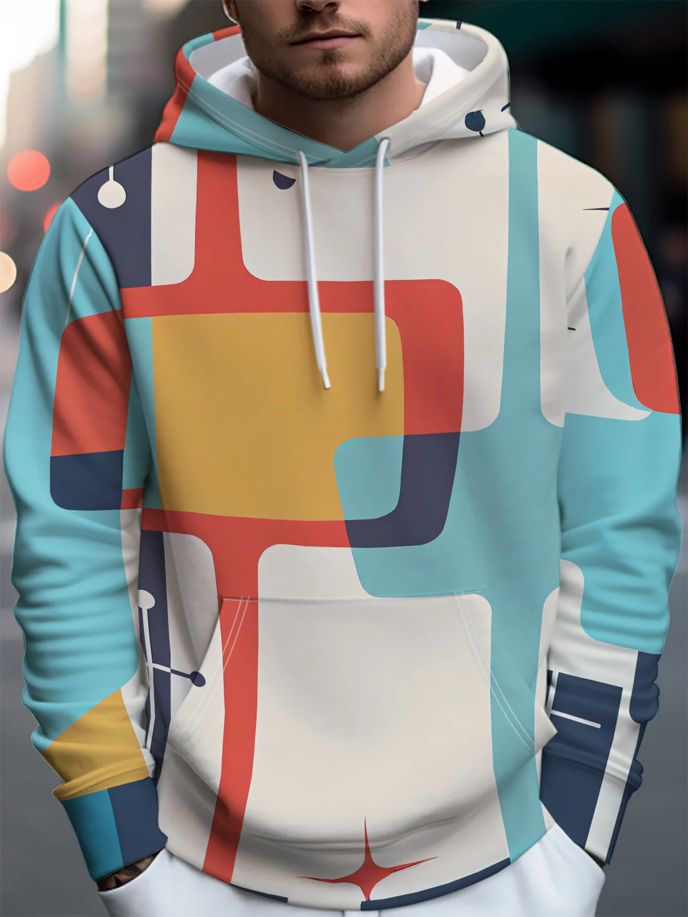Men's Hoodie Autumn 3D Print Retro Geometric Block Color Splicing Abstract Pullover Streetwear Casual Sweatshirt Men Clothing
