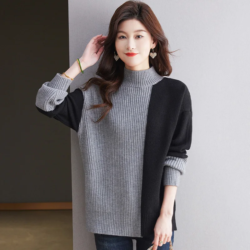 

New Women Contrast Color Sweater Autumn Winter Fashion Half High Collar Casual Loose Knitted Tops Plus Size Sweater 50-110kg