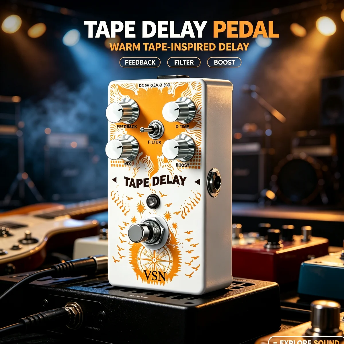 VSN Tape Delay Guitar Effect Pedal Analog Tape Echo Delay Pedal Feedback/Mix/Time/Filter/Boost Control Vintage Delay