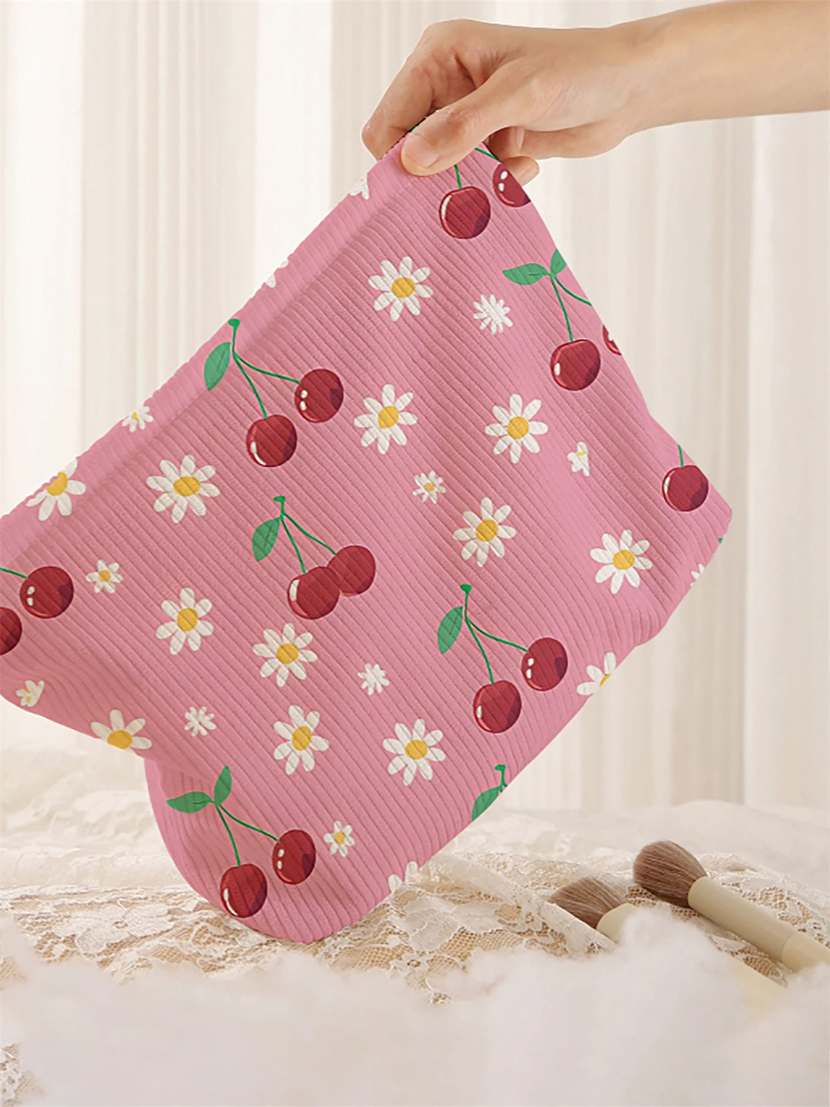 1 cherry patterned corduroy makeup bag, lightweight zipper makeup storage box, multifunctional bag with lining