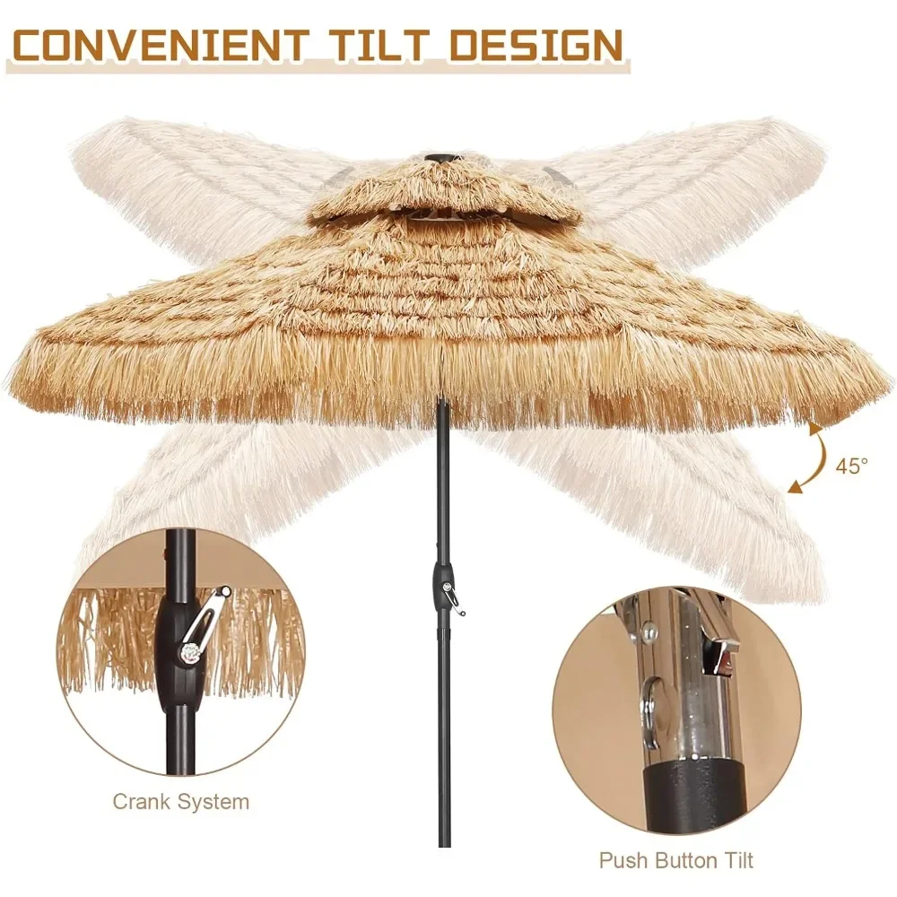 Patio Umbrella with 32 LED, Hula Thatched Tiki Umbrella, Hawaiian Style Beach Umbrella, 9 FT Patio Umbrella