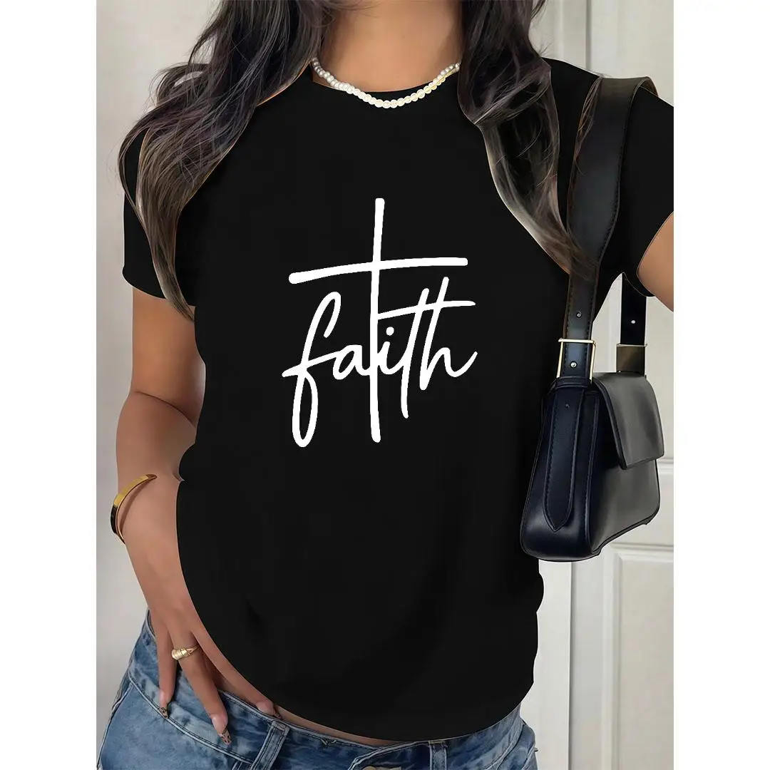 

Women's Faith Cross Graphic Crewneck T-shirt, Casual Short Sleeve Religion Tee Shirt Tops, Christian Clothes