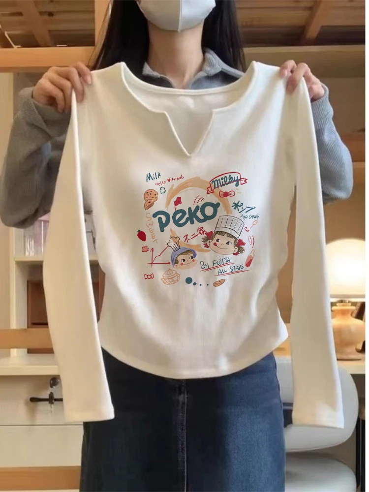 Weißes V-Ne Long Sve Damen-T-Shirt aus reiner Baumwolle, faionable Base Layer irt Schlankheitsoberteil für Herbst und Winter