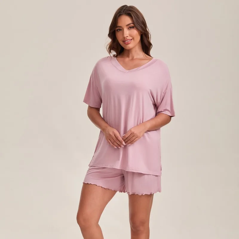 

2026 new summer women's short sleeved shorts pajama set, European and American V-neck fashionable loose two-piece home suit