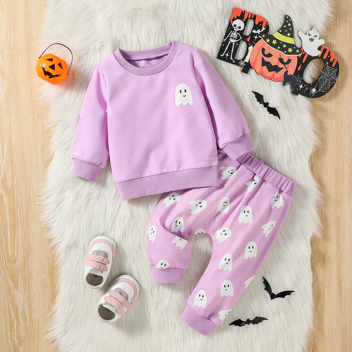 2024 2Pcs Baby Girls Autumn Long Sleeve Purple Print Ghost For Halloween Sweatshirt Set New Style