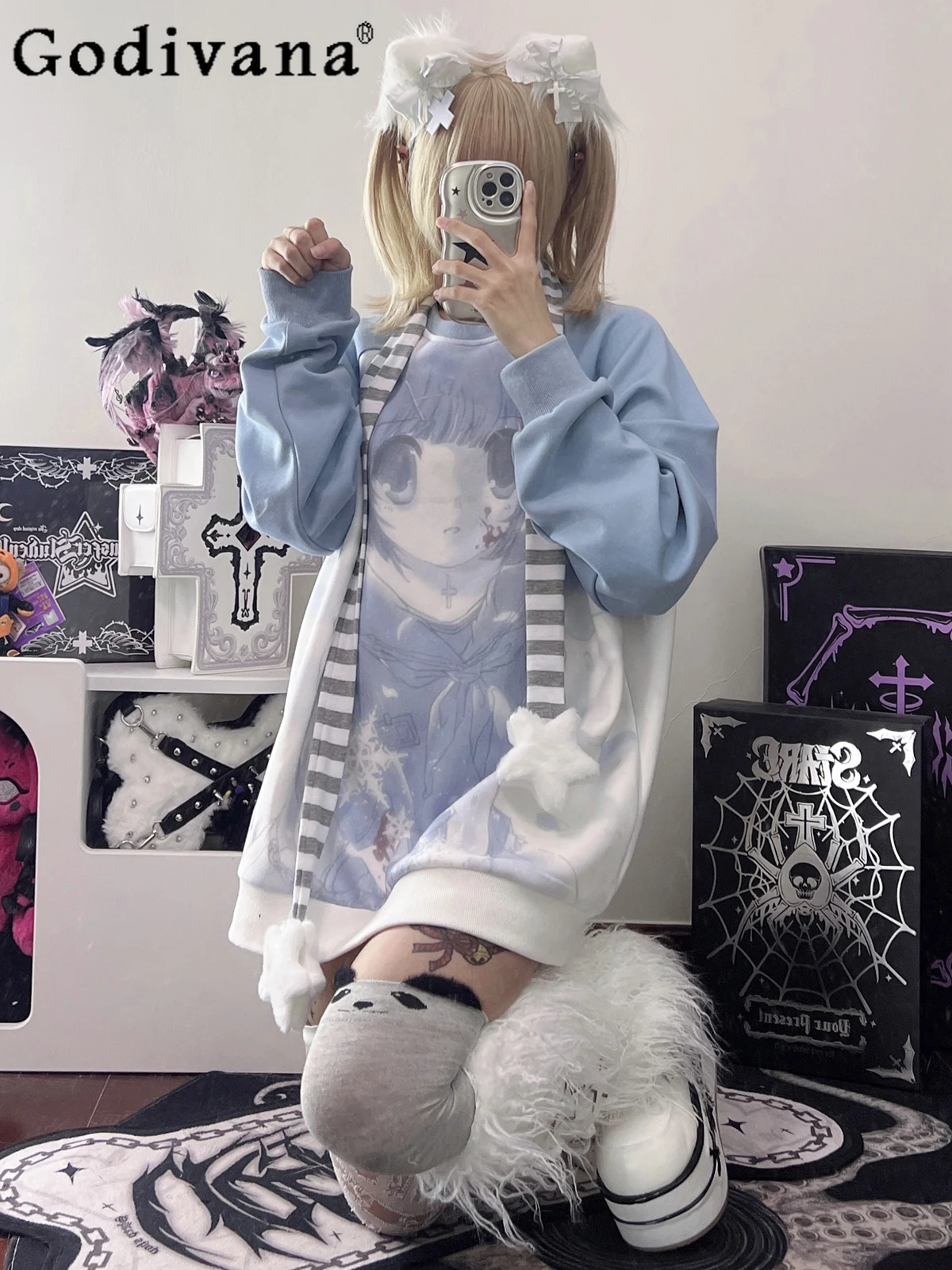 

Harajuku Japanese 2D Subculture Fashion Loose Long-sleeved Hoodies Women Water Color Autumn Winter Anime Print Kawaii Hoodies