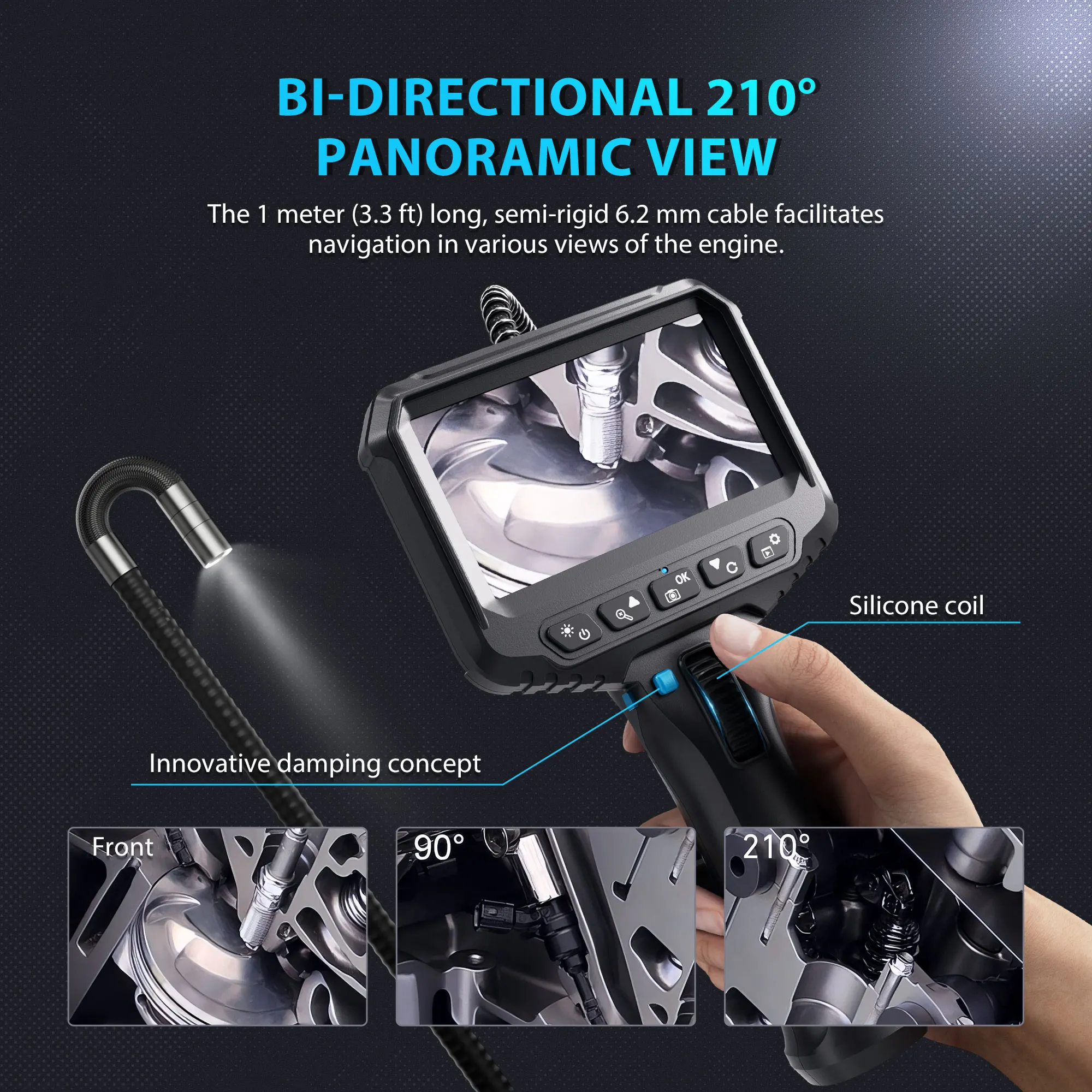 Ralcam 210° Steering Industrial Endoscope Camera 8mm 4.3'IPS Waterproof Screen Inspection Borescope 6 LEDs For Car Engine Pip