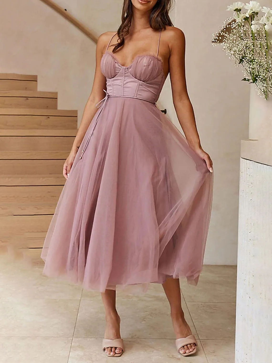 

Sexy A-line Wedding Guest Dress Sleeveless Tea-Length Spaghetti Strap Tulle Sash Ribbon Prom Evening Dress 2025 free customized