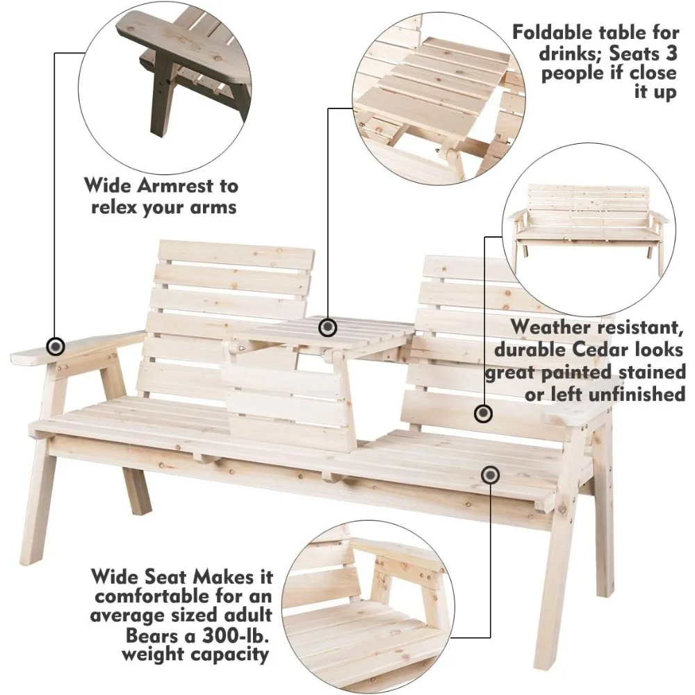 Spar Houten Patio Tuinbank Met Opvouwbare Tafel, Houten Veranda 3 Zitbanken Stoel Voor Tuin Balkon