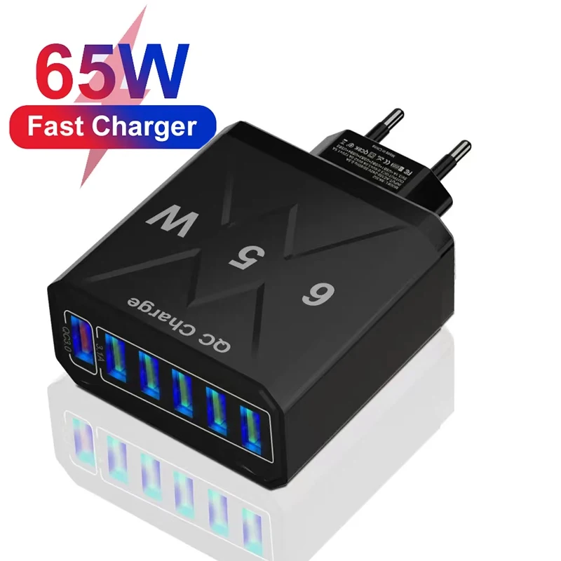 

65 Вт USB 6-портовое зарядное устройство, адаптер для быстрой зарядки мобильного телефона, многопортовый адаптер для iPhone, Samsung, Xiaomi, телефона, планшета, вилка европейского стандарта и США